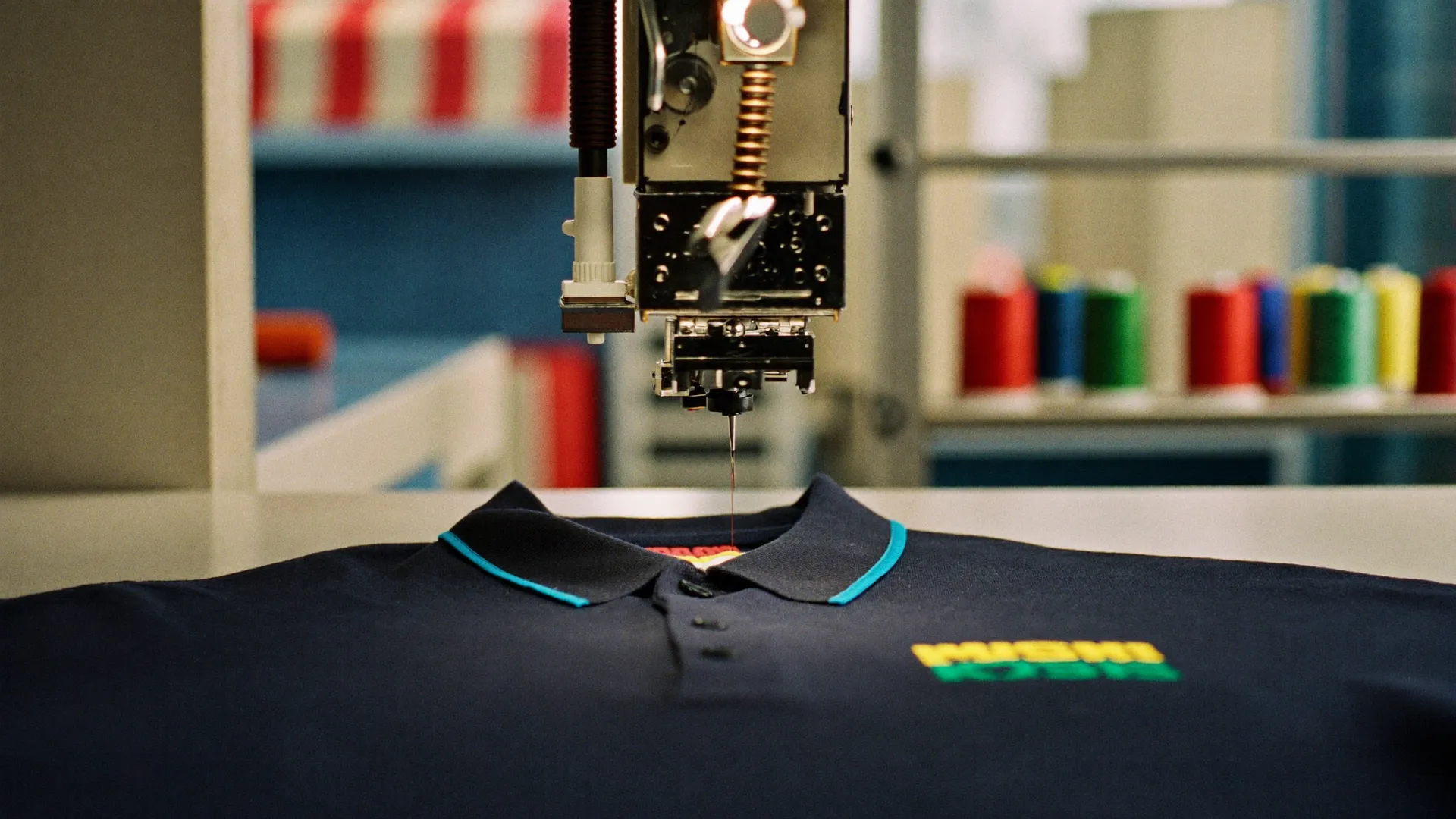 Stickmaschine stickt farbiges Garn auf ein dunkles Poloshirt
